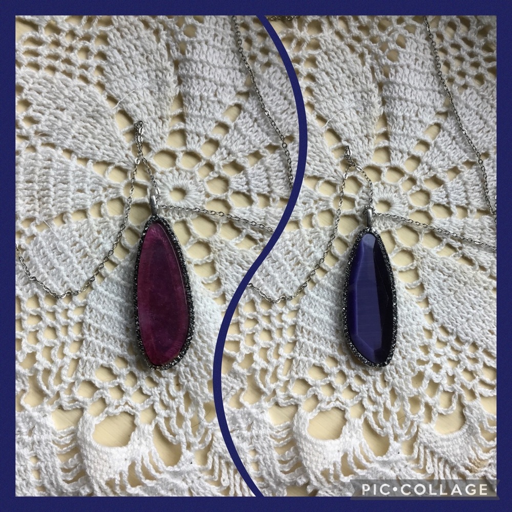 Blue Purple Reversible Stone Silver Pendant Necklace